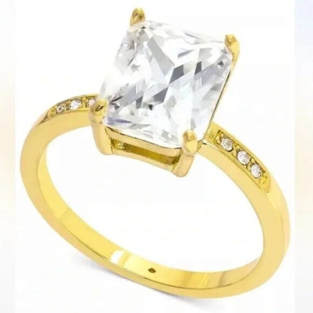 Charter Club Gold Tone Emerald-Crystal Engagement Ring Size 10 New
